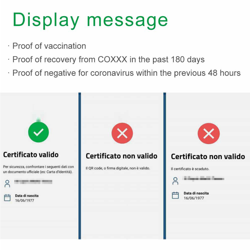 Analizzatore verde del passaggio di Italy Checked Green del lettore di Codice sanitario dell'Eu del passaporto di COVID 19 Digital